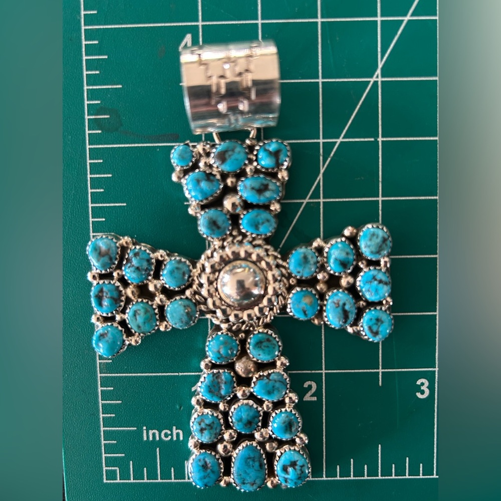 Navajo Kingman Turquoise Custom Made Sterling Silver Cross - Picture 3 of 5